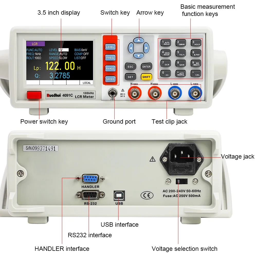 RUOSHUI 4091C Digital Bench Top LCR Meter 10Hz-100KHz Bandwidth Frequency Adjustable 10~2000 Mv Capacitor Tester Ultracapacitor 5