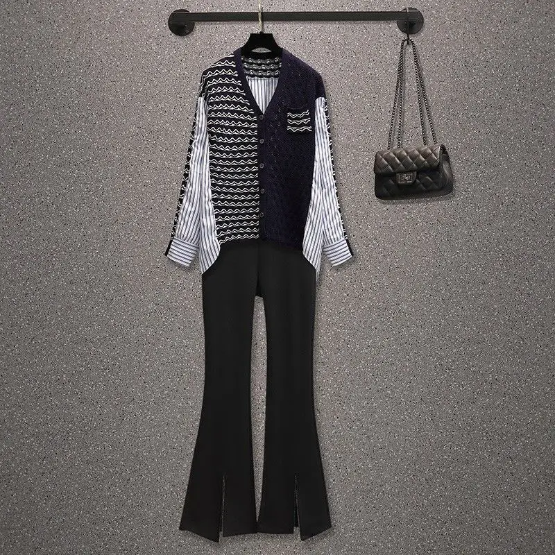 Large Women's Wear Spring and Autumn 2022 New Long Sleeved Knitted Irregular Striped Shirt Trousers Two-piece Casual Suit