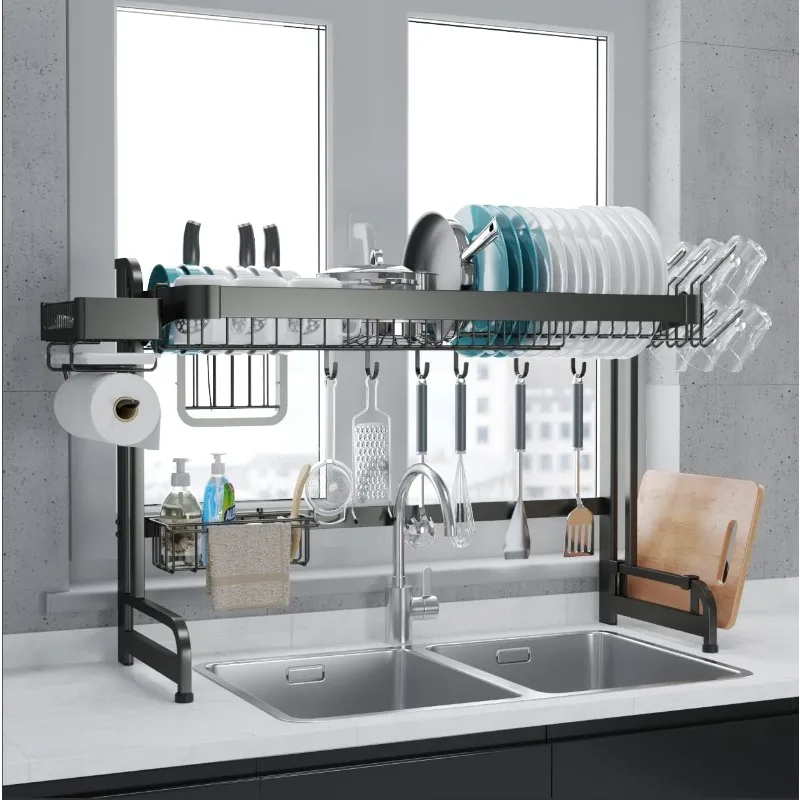 Large Over Sink Dish Rack: Full Stainless Steel Dish Drying Rack Over The Sink Adjustable (25.6-37.6in) Width Kitchen Organizers