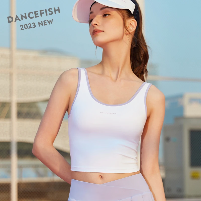 

DANCEFISH 2023 Women Fixed Pads Medium Intensity Short Vest Color Clash Sport Top Outdoor Fitness Riding Jogging Daily Yoga Bra