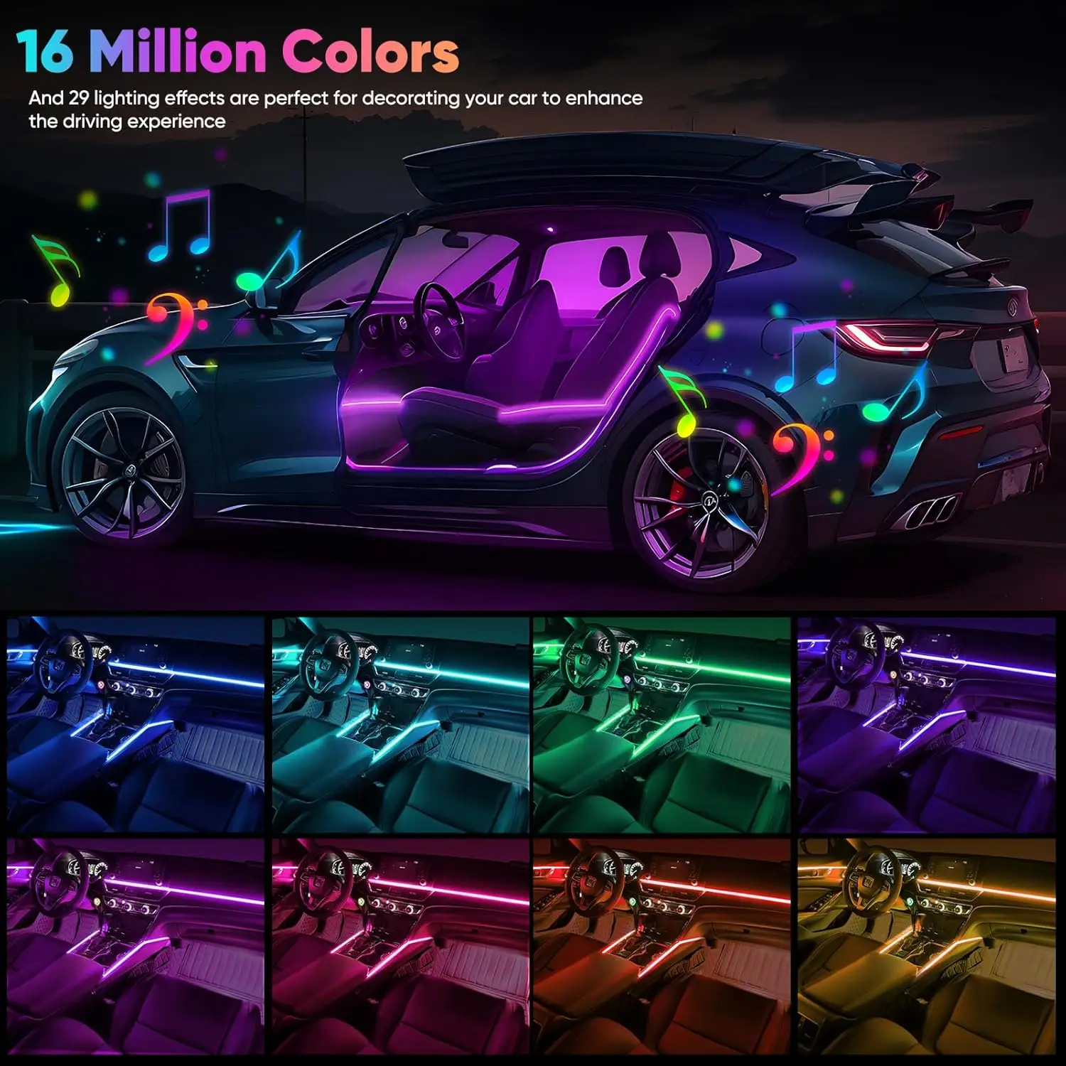 Car Interior RGB LED Atmosphere Light Strip USB Fiber Optic Neon Invisible Ambient Lamp Center Console Door Decoration Trim