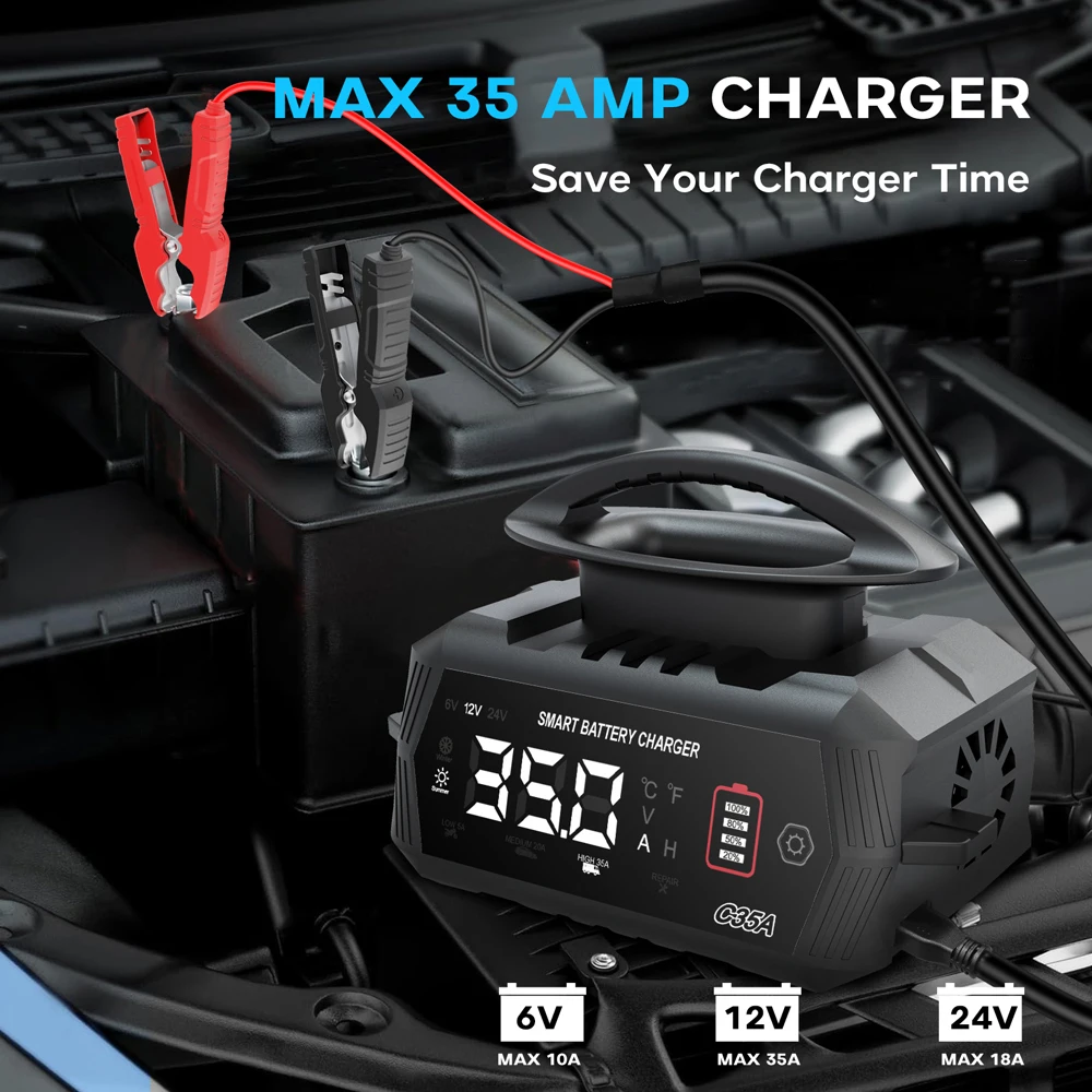 Chargeur De Batterie Intelligent 35A 12V/24V - Pour Voiture, Moto, AGM, LiFePO4 12V, Avec écran LCD Et Fonctions De Réparation
