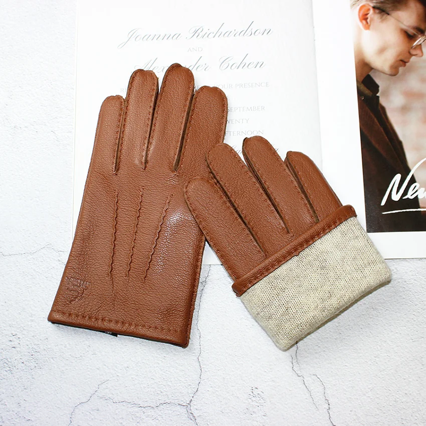 Deerskin Gloves Men's Touch Screen High-Quality Leather 2025 New Hand-Stitched Thin Wool Lining Keeps Warm in Autumn and Winter