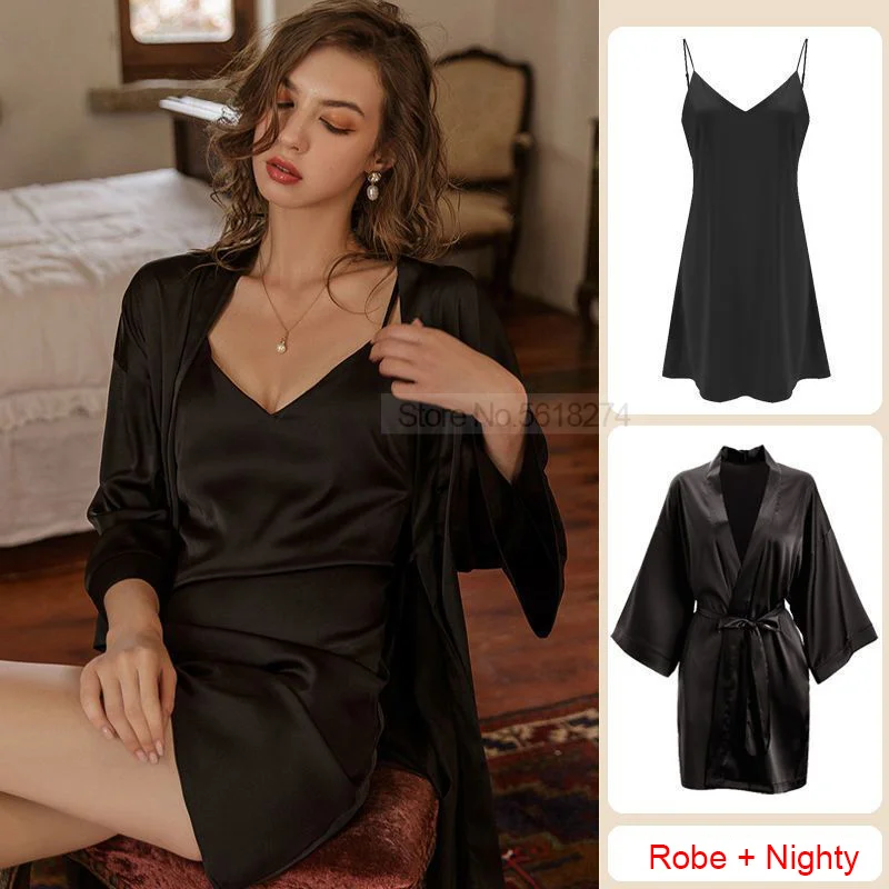 Satin Robe Set Sexy Women Sleepwear Casual Intimate Lingerie Faux Silk Nightdress Kimono Bathrobe Gown V-Neck Nightwear