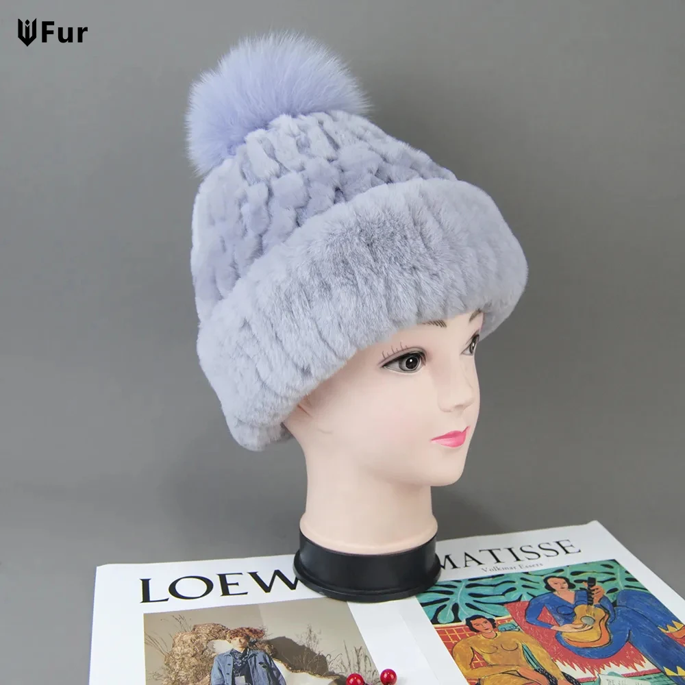 

New Winter Women Elasitc Warm Hand Knitted Real Rex Rabbit Fur Caps Fox Fur Pompoms Beanies Cap Natural Real Rex Rabbit Fur Hat