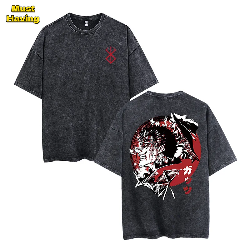 

Anime Berserk Print T-Shirts for Men Retro Washed Cotton Tshirt Summer Casual Manga Tees Tops Gothic Harajuku Streetwear Outfits