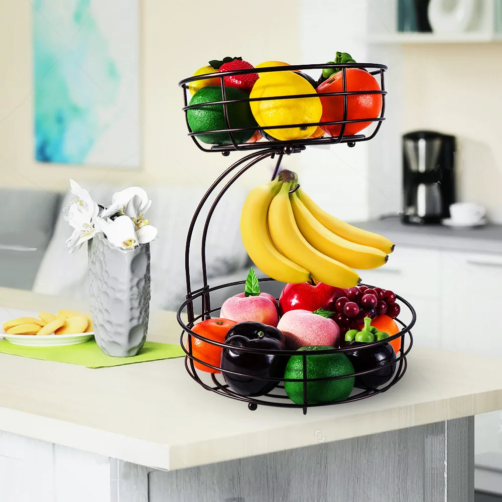 2-Tier Fruit Basket, Metal Fruit Bowl, Bread Baskets, Fruit Holder, Large Fruit Stand Organizer With Banana Hanger, Black 6