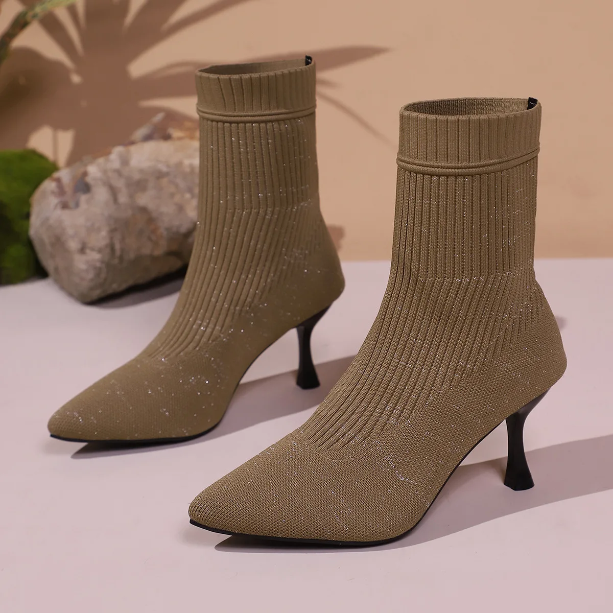 Fashion Knitted High Heels Ankle Boots Women 2025 Winter Slip On Thin Heeled Sock Boots Woman Plus Size Pointed Toe Party Shoes