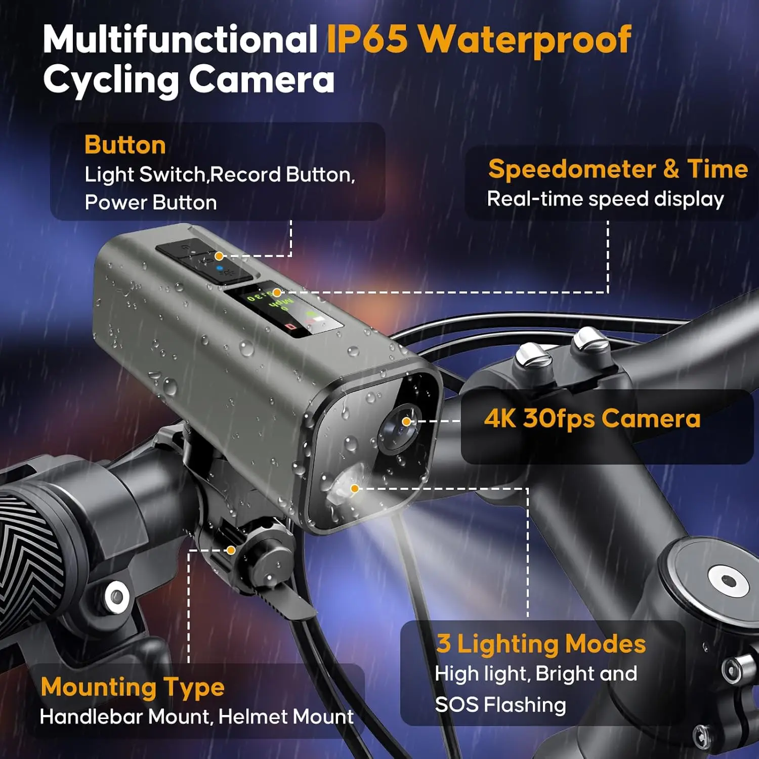 4K GPS Bike Camera with Headlight  Cycling Computer & Speedometer Sport Action DV 64GB, APP Control, IP65 Waterproof