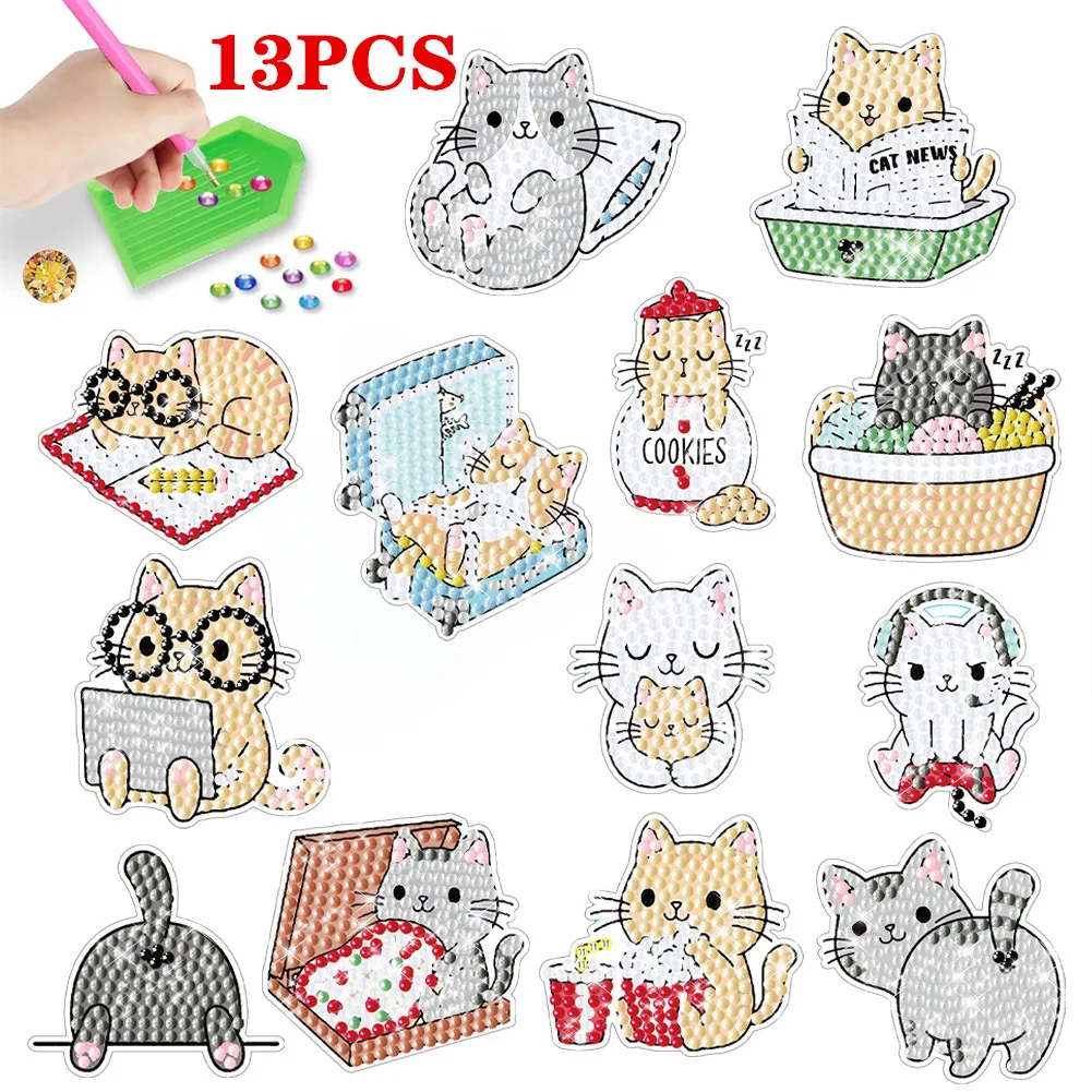13pcs/set Cute Cartoon Cat Diamond Painting Stickers Kids Handmade Crafts Paint By Number Diamond Embroidery Beginners Kits
