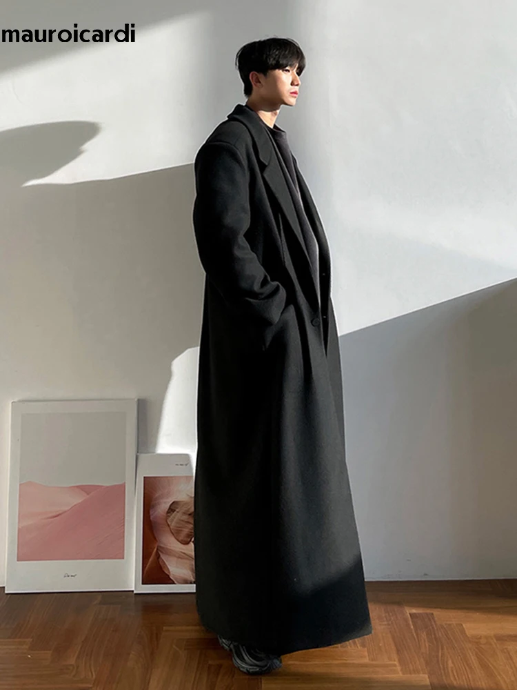 Mauroicardi Autumn Winter Extra Long Warm Black Loose Casual Wool Blends Coat Men Luxury Floor Length Overcoat Korean Fashion 5
