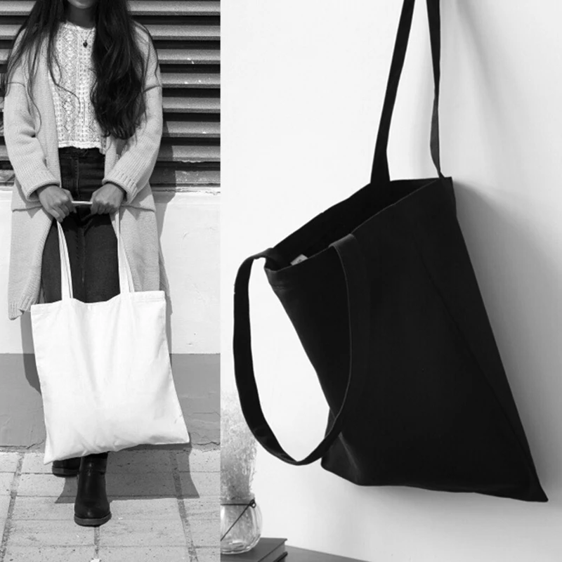 

2021 Woman Portable Simple Use Reusable Style White/black Shopping Cotton Bag Canvas Tote Bag