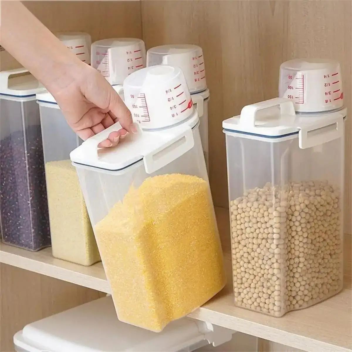 1pc Rice And Grains Food Storage Canister With Measuring Cup Kitchen Moisture-proof And Insect-proof Dust-proof food storage canister