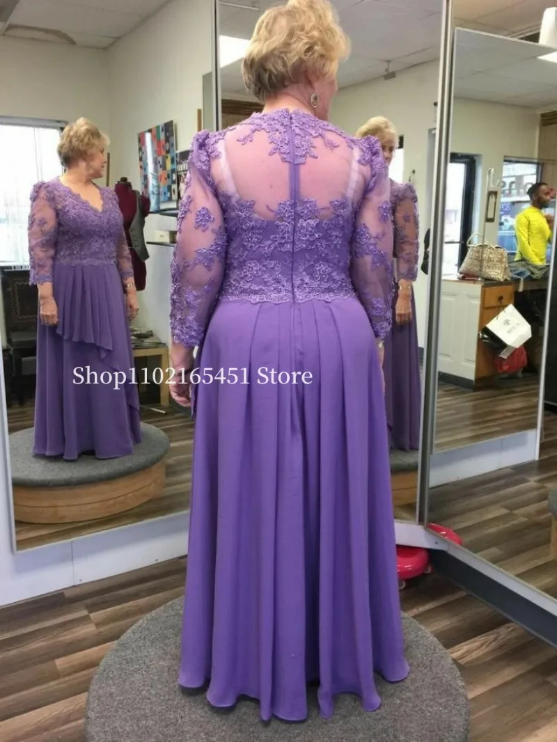 

Elegant Lace Chiffon Mother of The Bride Groom Dresses with Sheer Long Sleeves Appliques Beaded Mother Formal Occasion Prom Gown