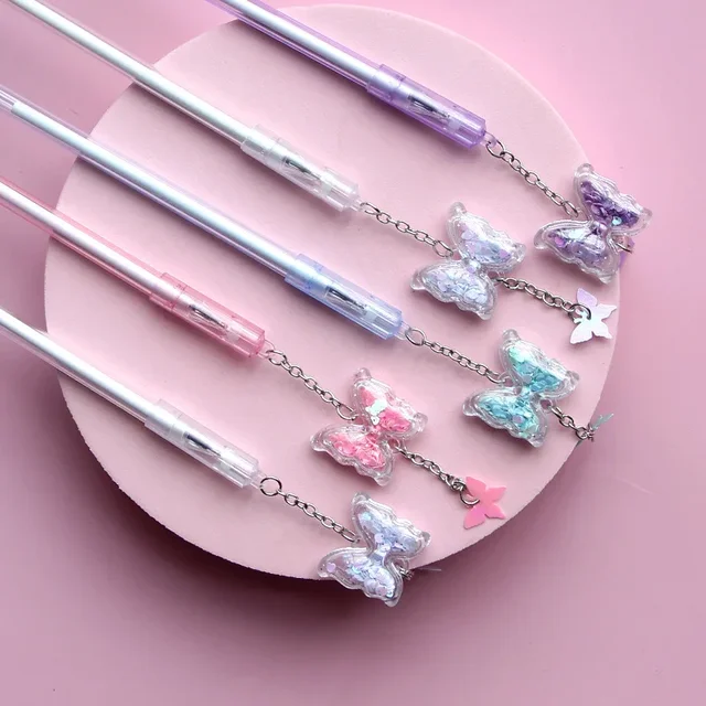 10Pcs/Lot Kawaii Butterfly Pendant Gel Pen 0.5mm Black Ink Smooth Writing Cute Sequin Neutral Pens Kids School Office Stationery 2