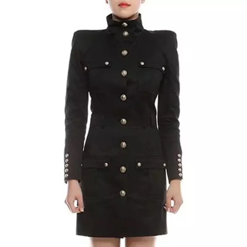 

2023 Classic Black and White High Neck Slim Fit Rivet Lion Head Button Long Sleeve Versatile Dress Coat Women's Wear
