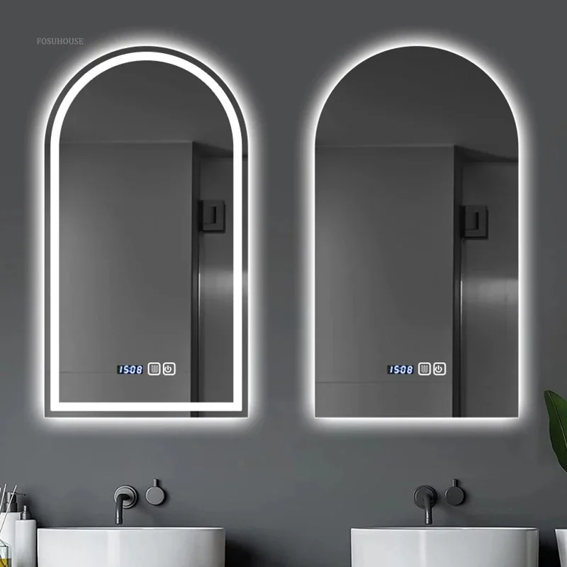 Modern Smart Bathroom Mirrors Bathroom Arched Vanity Mirror Light Luxury LED Light-emitting Touch Screen Bath Mirrors with Light