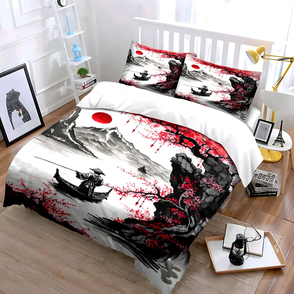 Elegant Red Plum, Ink Landscape Print Bedding Set 1 Duvet Cover 2 Pillowcases for Adult and Children Luxury Gift Full Size 2