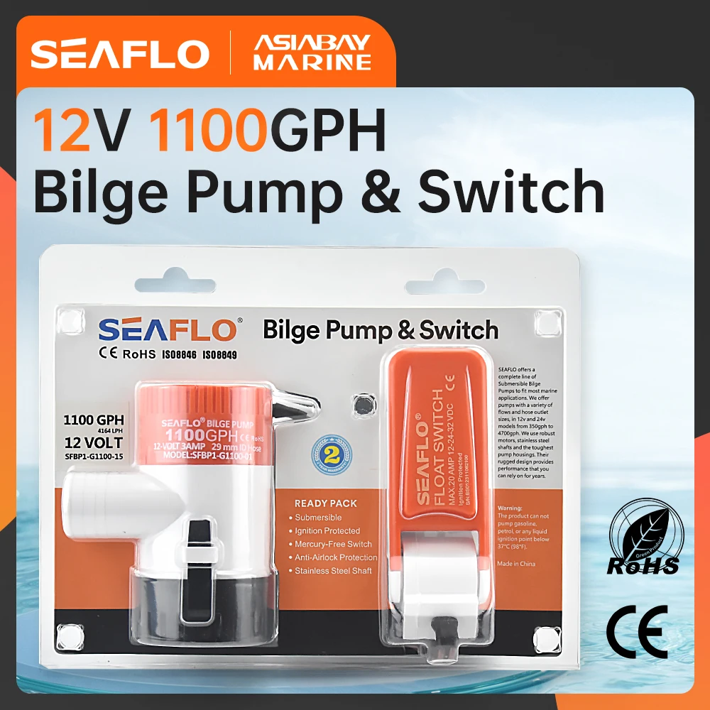 SEAFLO Bilge Pump & Float Switch 12V 1100 GPH Flow Ignition protection mercury-free conforms to CE ROHS standards Bilge Pump Bilge Pump Float Switch