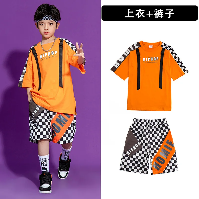 Traje de baile de hip hop naranja para niños, disfraces de actuación en el escenario para niños, ropa de actuación en equipo con costuras contrastantes para niñas