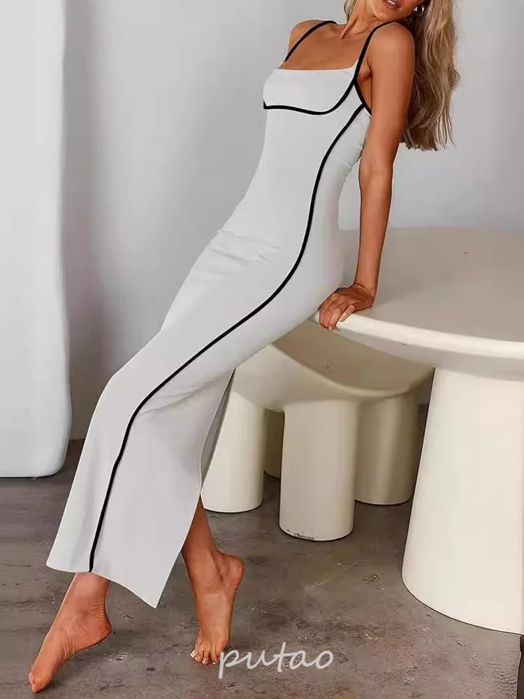 Putao Women Long Prom Party Dress Black White Contrast Color Spaghetti Strap Backless Slim Dress Elegant Evening Gown