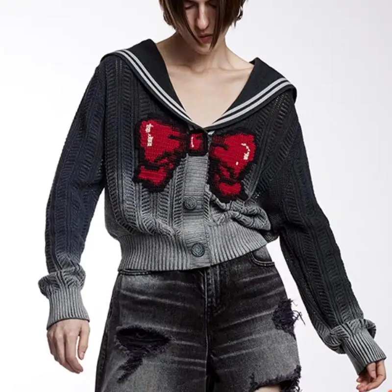 

Korean Navy Neck Bow Embroidery Knitted Short Cardigans Coat Women 2023 Fall/winter New Sweater Brand Design Gradient Black Top