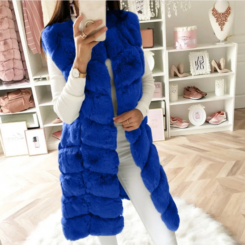 Long Warm Faux Fur Coat Women Vest Sleeveless Outerwear Jacket S-4XL Fluffy Artificial Fur Coat Vintage Sleeveless Tops