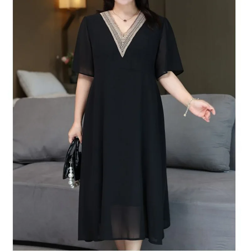 Fashion Plus Size Women's Clothes Chiffon Black Dress Summer V-Neck Hollow Out Patchwork Lace Short Sleeve Mid Length Dresses