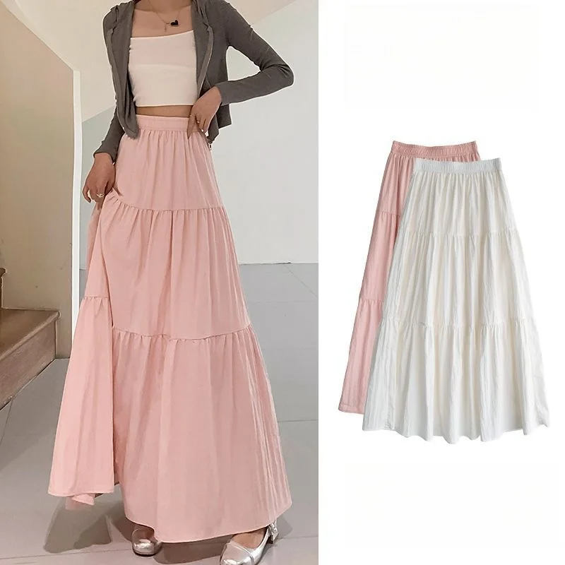 Loose Folds Skirt Pink Sweet Elegant Elastic Waist A-Line Skirt Large Swing Spring Summer Casual Cake Skirt Solid Women Clothing