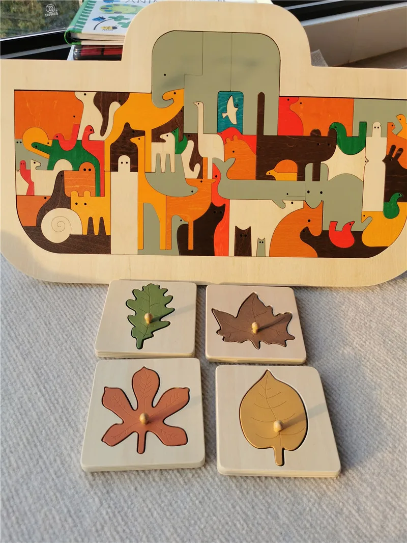 Kids Wooden Educational Animals Noah's Ark Puzzle Toys Solid Leaves Jigsaw for Baby Early Learning 2