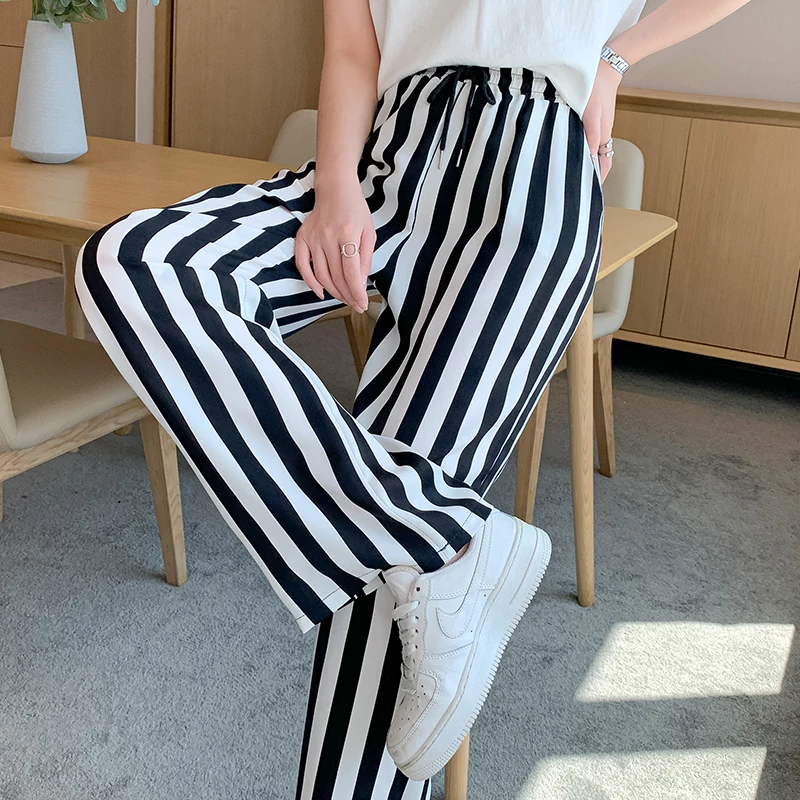 

Korean Style 2022 New Arrival Summer Women All-matched Ankle-length Pants Casual Elastic Waist Striped Straight Pants V638