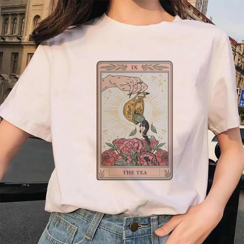 thumbnail image 1 of Camiseta estampada de manga corta para mujer, camisa con estampado de Tarot, flor de tarjeta, tiempo divertido, moda de dibujos animados, patrón superior, Verano, 1 of 5
