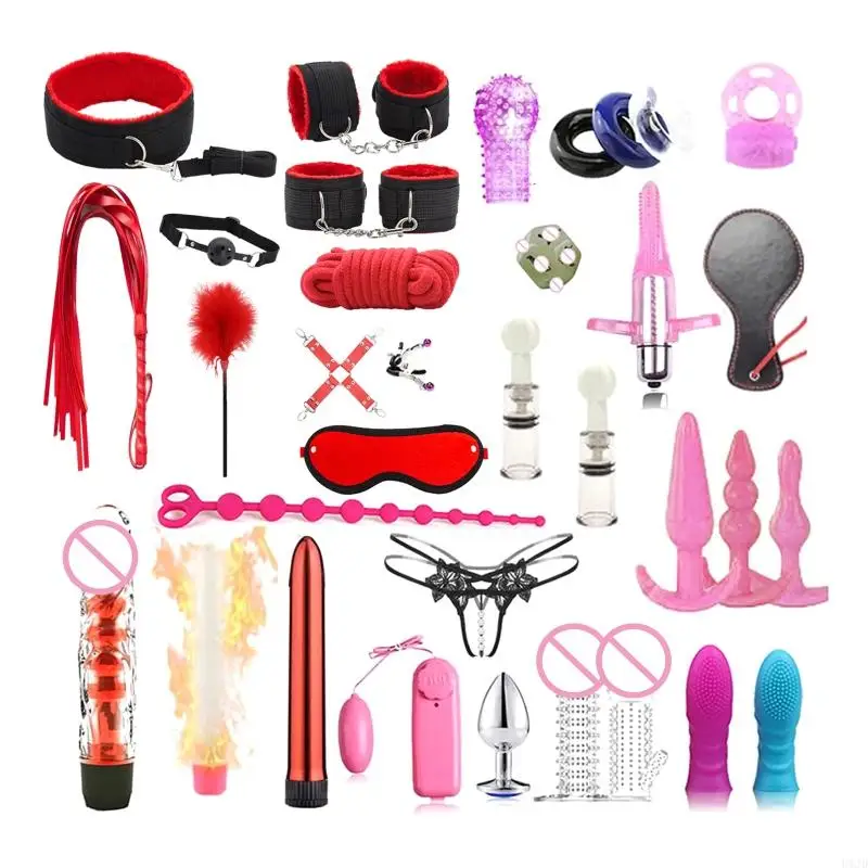U1JD Adult Sex Toy Set 35pcs Funny Game with Vibrators Neck Collar and Buttplug for Women and Men