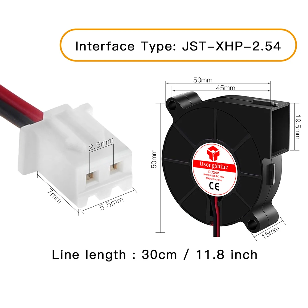Advanced Brushless Cooling Turbo Fan for 3D Printers - 12V/24V Dual Voltage, 2-Pin DC Extruder Cooler Blower in Black Plastic