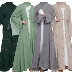 Ramadan Muslim Kimono Abaya Dubai Summer Party Elegant Hijab Dress Beaded Open Abayas for Women Turkey Dresses Islam Kaftan Robe