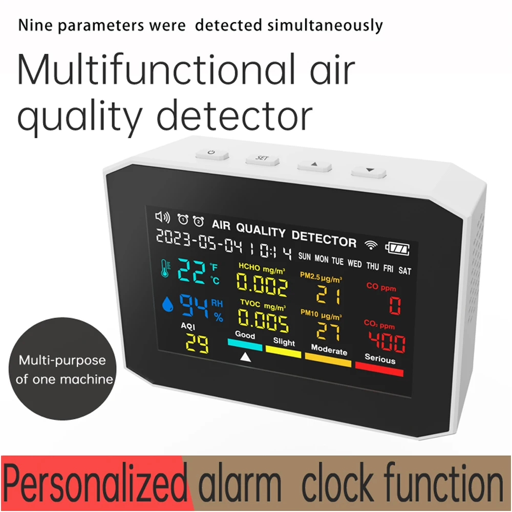 

Portable Air Quality Meter 9in1 PM2.5 PM10 CO CO2 TVOC HCHO AQI Temperature Humidity Tester CO2 Meter Carbon Dioxide Detector