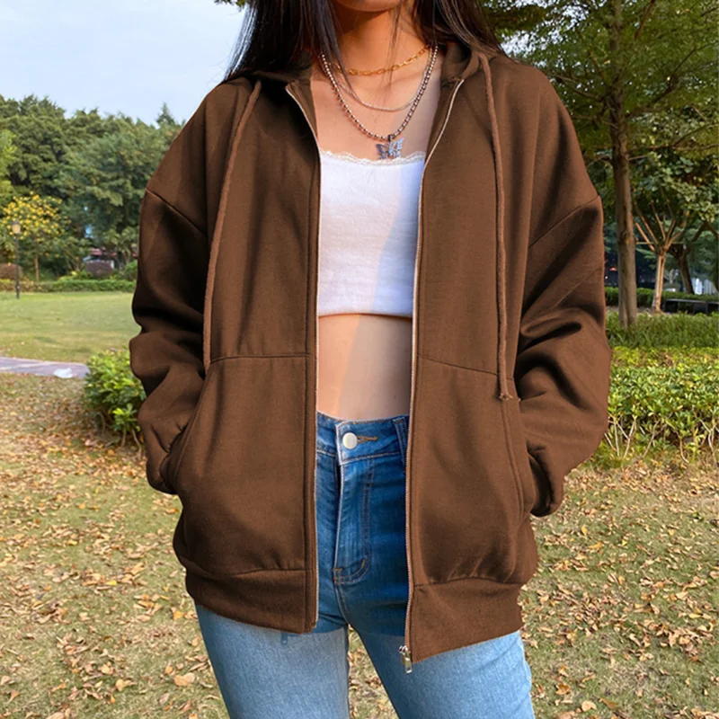 Autumn Fleece Hoodie Solid Color Hooded Korean Fashion Sweatshirts Long Sleeve Top Drawstring Pockets Loose Zipper Black Hoodies 5