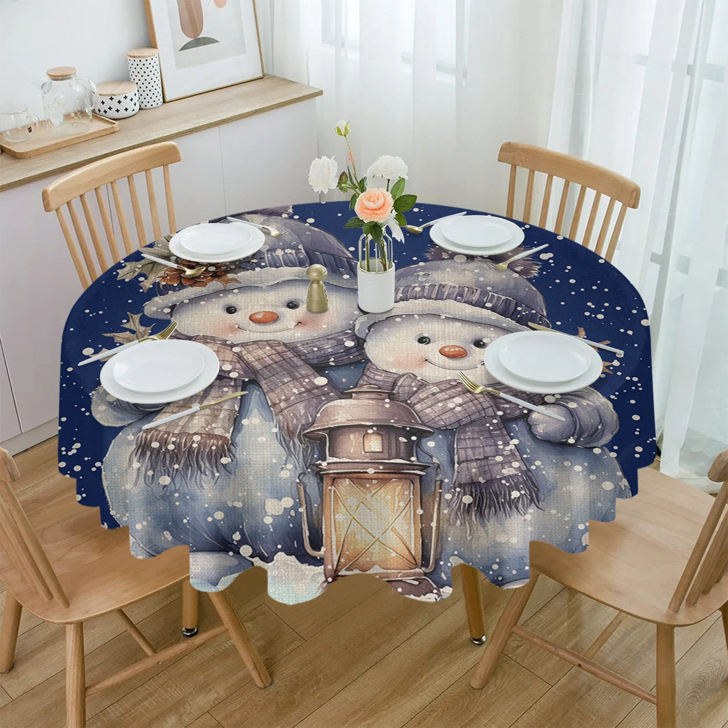 

Christmas Snowman Snowflake Round Tablecloth Waterproof Wedding Decor Table Cover Xmas Home Decorative Tablecloth
