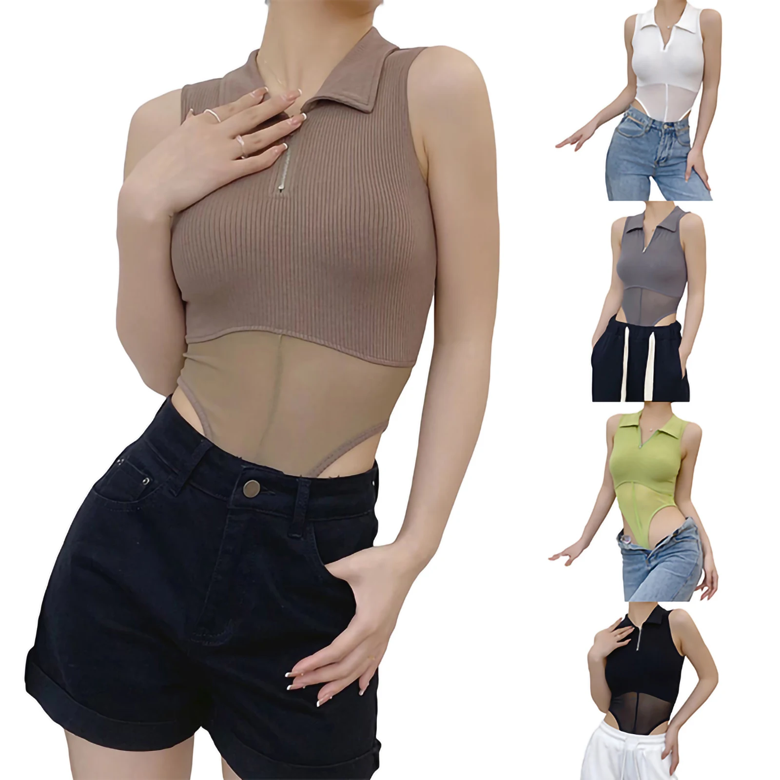 

Summer Women Fashion Mesh Patchwork Tank Tops Bodysuit Sleeveless Turn-down Collar Zipped See-through Camis