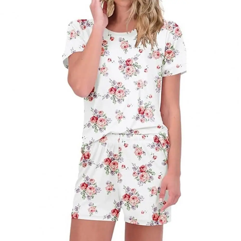 

Elastic Waisted Shorts Women's Floral Print Pajama Set with Short Sleeve T-shirt Elastic Waist Shorts Summer for Ladies