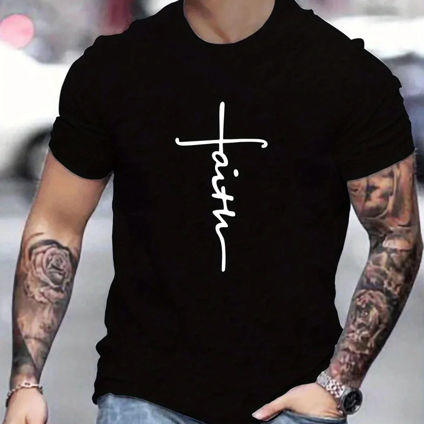 

NG "Faith"-Men's Casual Crew Neck Graphic Tee, Slightly Stretch, Male Clothes, Summer