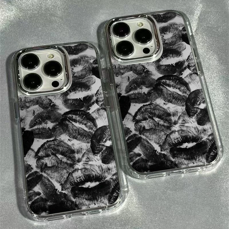 Electroplated Lens Frame Clear Phone Case with Black Lip Print Design
