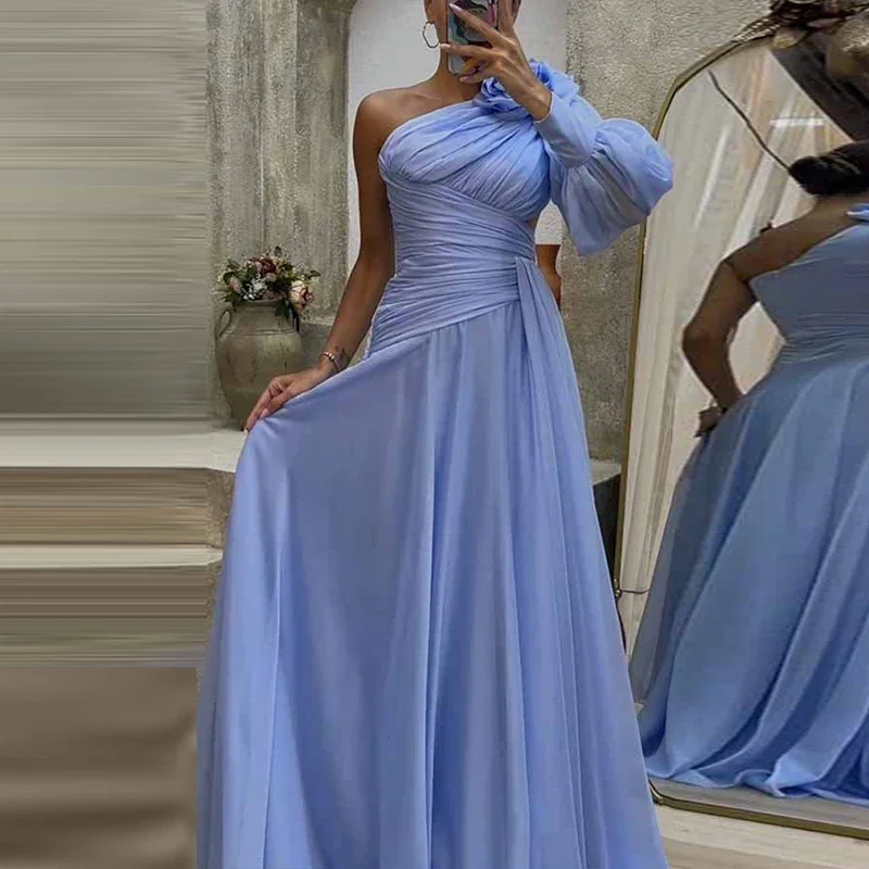 

Fashion Gauze Chiffon Pleat High Slit Evening Dress Women Solid Long Party Dress Elegant One-shoulder Lantern Sleeve Maxi Dress