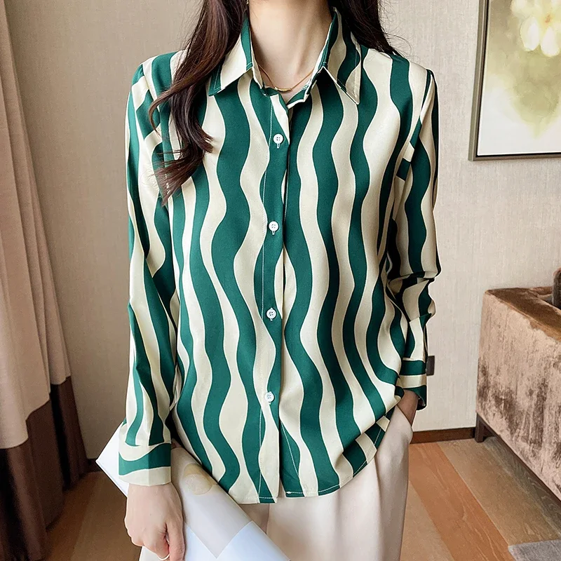 

Chiffon Women's Shirt Spring/summer Stripe Loose Vintage Blouses Ladies Clothing Fashion Long Sleeves Prints Tops YCMYUNYAN