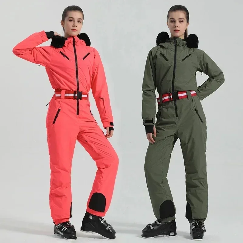 2025 Adult Mountain Skiing Jumpsuits Outdoor Winter Ski Sport Windproof Warm Tracksuits Woman Snowboard One Piece Fur Snow Suits