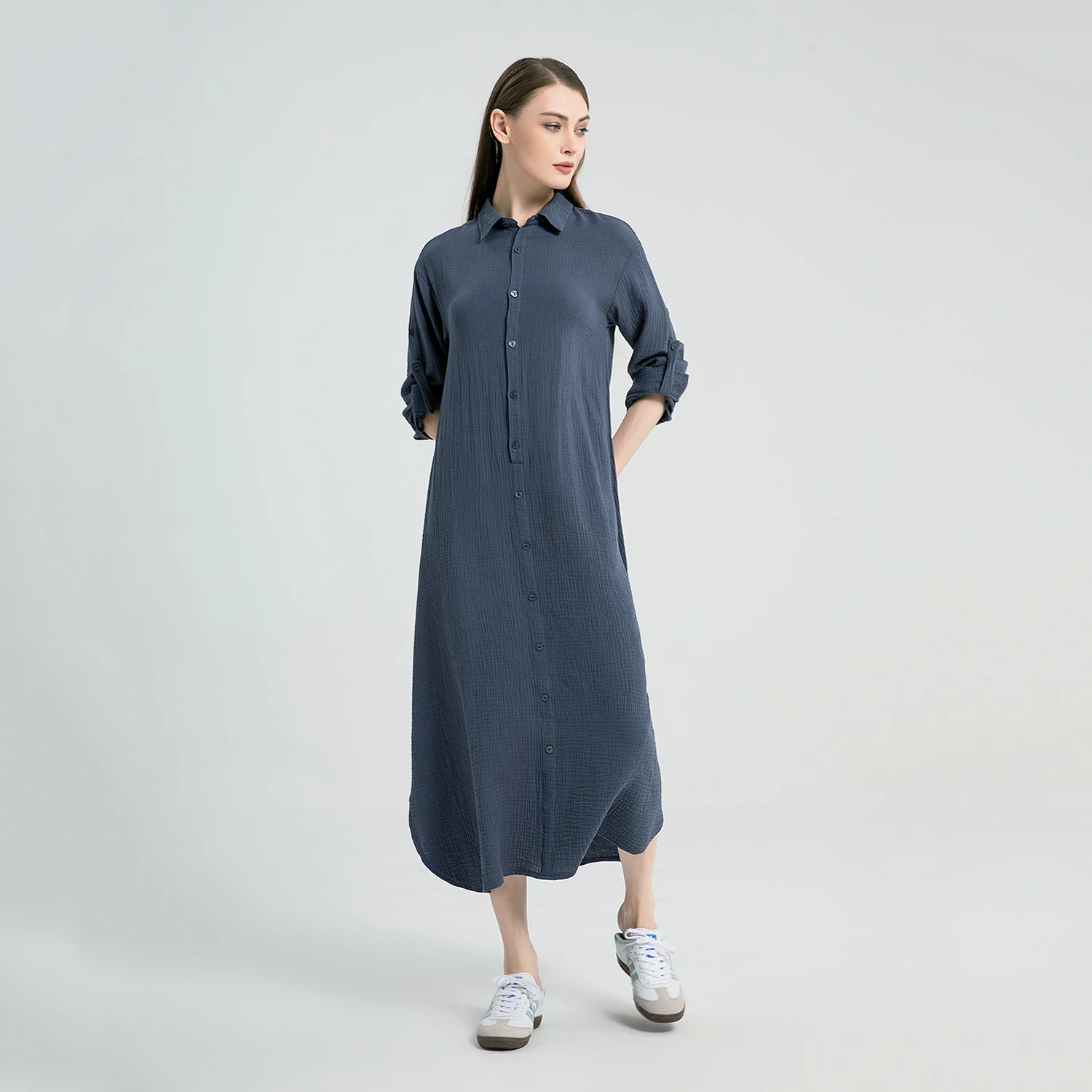 AP-Vestido camisero de muselina para mujer, prenda informal de algodón con aberturas laterales, longitud de manga ajustable, primavera y verano, 2024