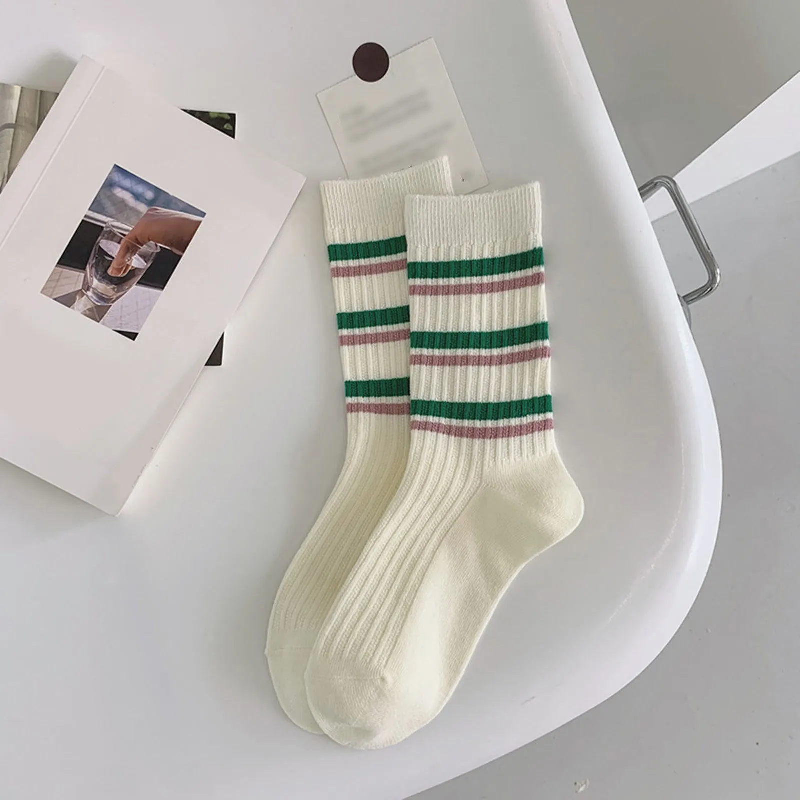 Women White Socks Autumn And Winter Vintage Striped Embroidered Lettering Stockings Socks Garner Cap Toe