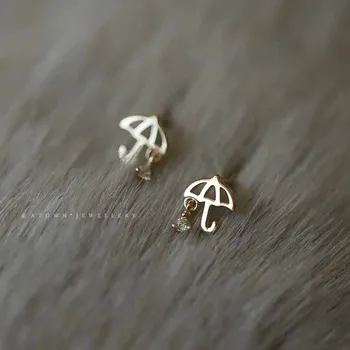 Original 925 Sterling Silver 14k Gold Umbrella Zircon Stud Earrings For Women Wedding Jewelry Accessories Jewellery Argent 925