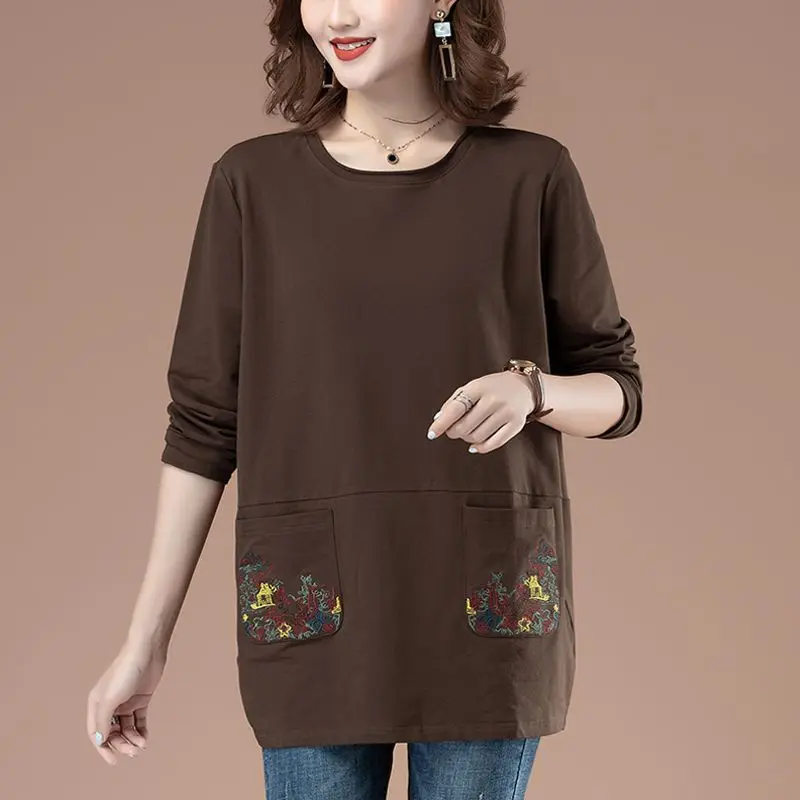 Women's Solid Color Round Neck Patchwork Pocket Embroiled Hoodies Spring Autumn Loose Long Sleeved Pullover Casual T-shirt Tops