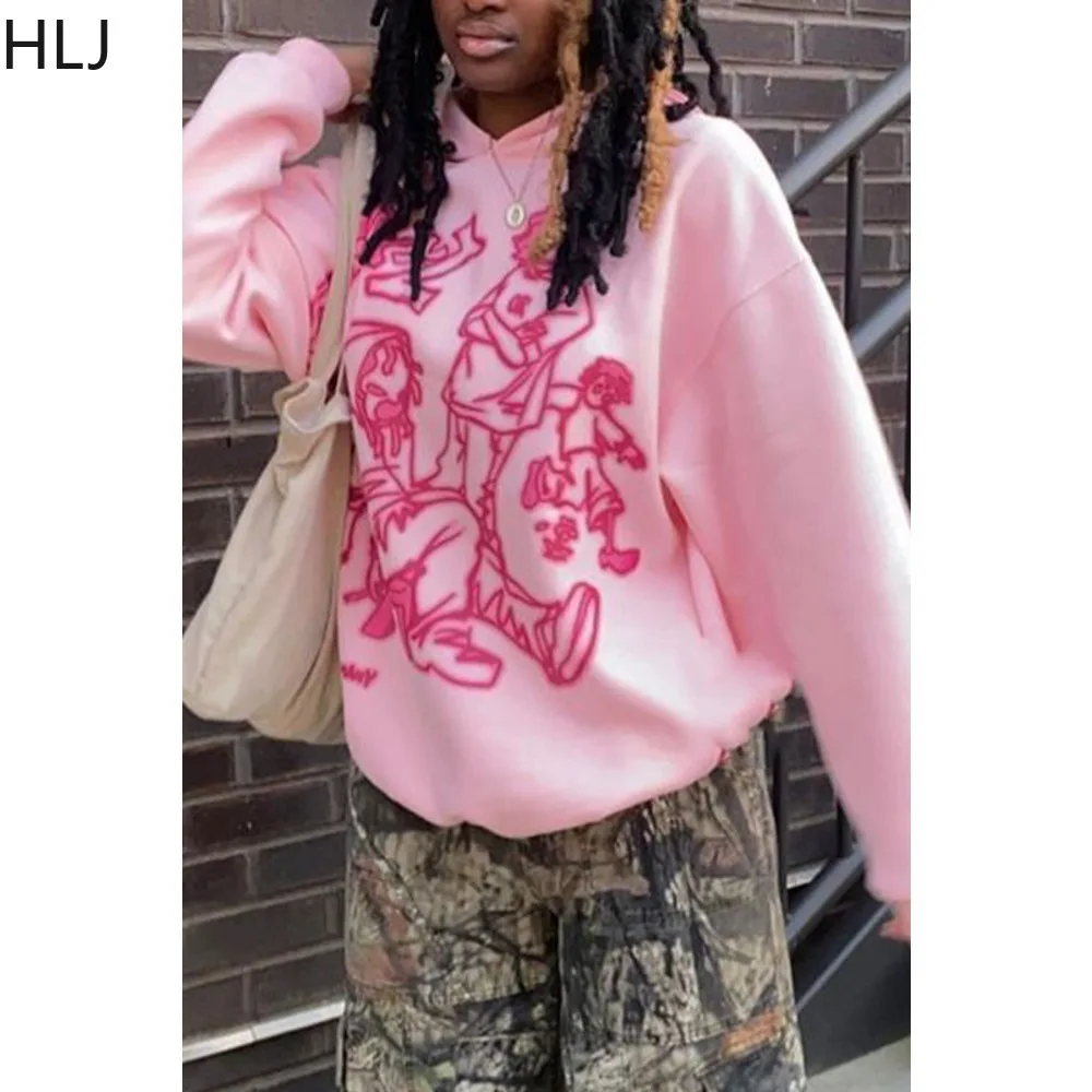 HLJ Pink Casual Pattern Printing Hooded Sweatshirts Women Long Sleeve Loose Pocket Pullover Autumn Female Matching Sporty Tops